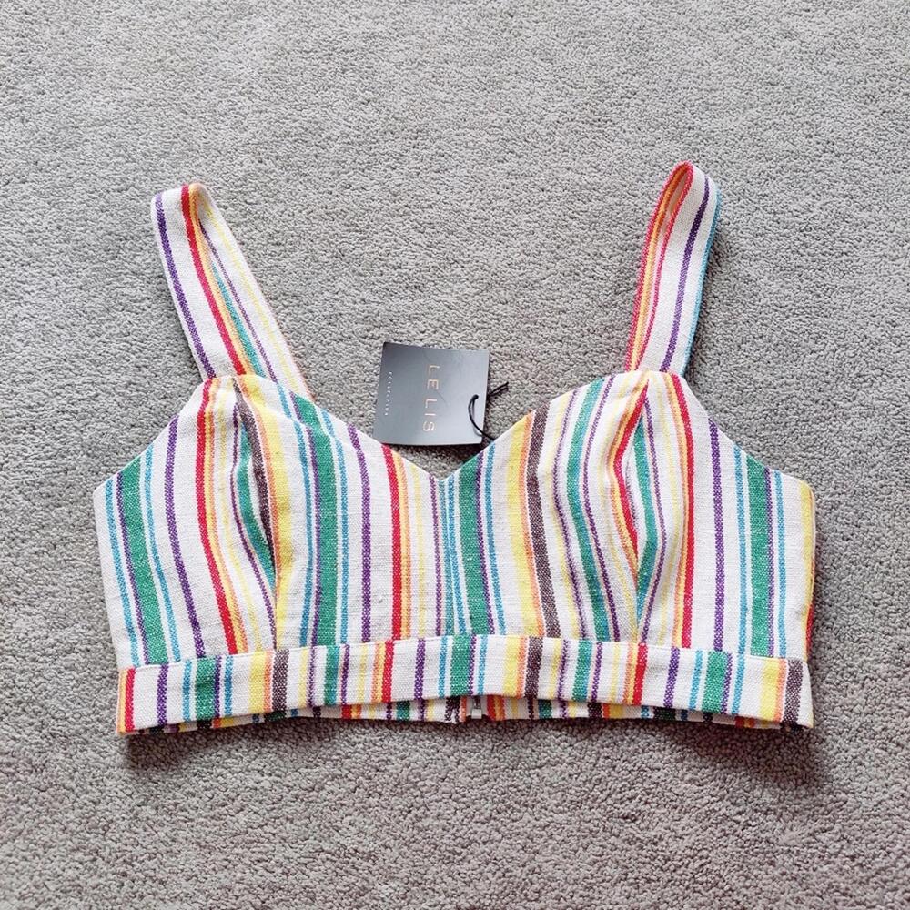 Le Lis Women's Rainbow Striped Crop Top Sz Large Retro Denim